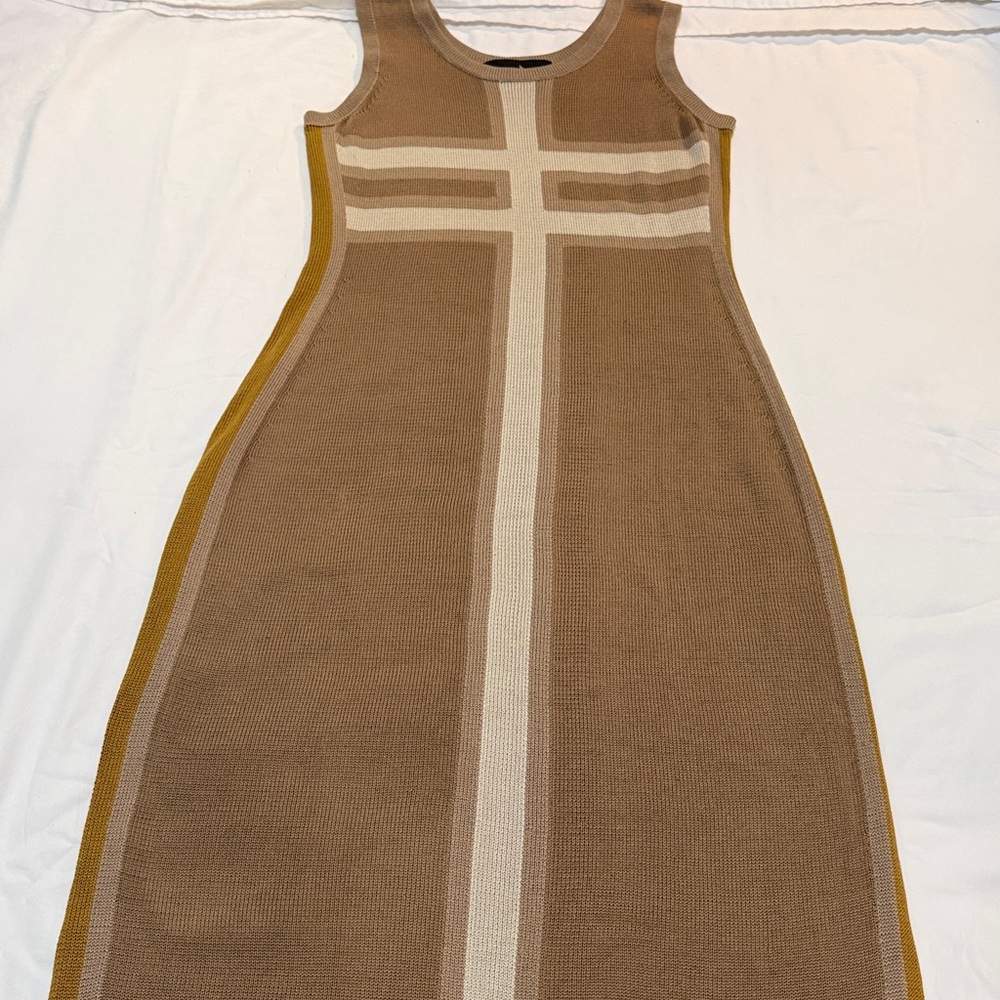 Peruvian Connection Tan Cream Knit Tank Dress with Mustard Trim Pima Cotton M